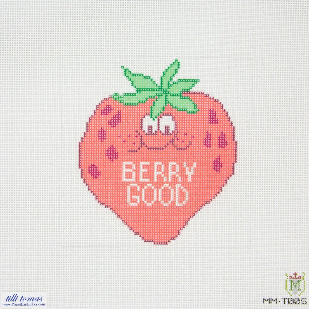 “Berry Good” Strawberry Needlepoint Canvas – 6"x6", 13 Mesh by Misty Morrow