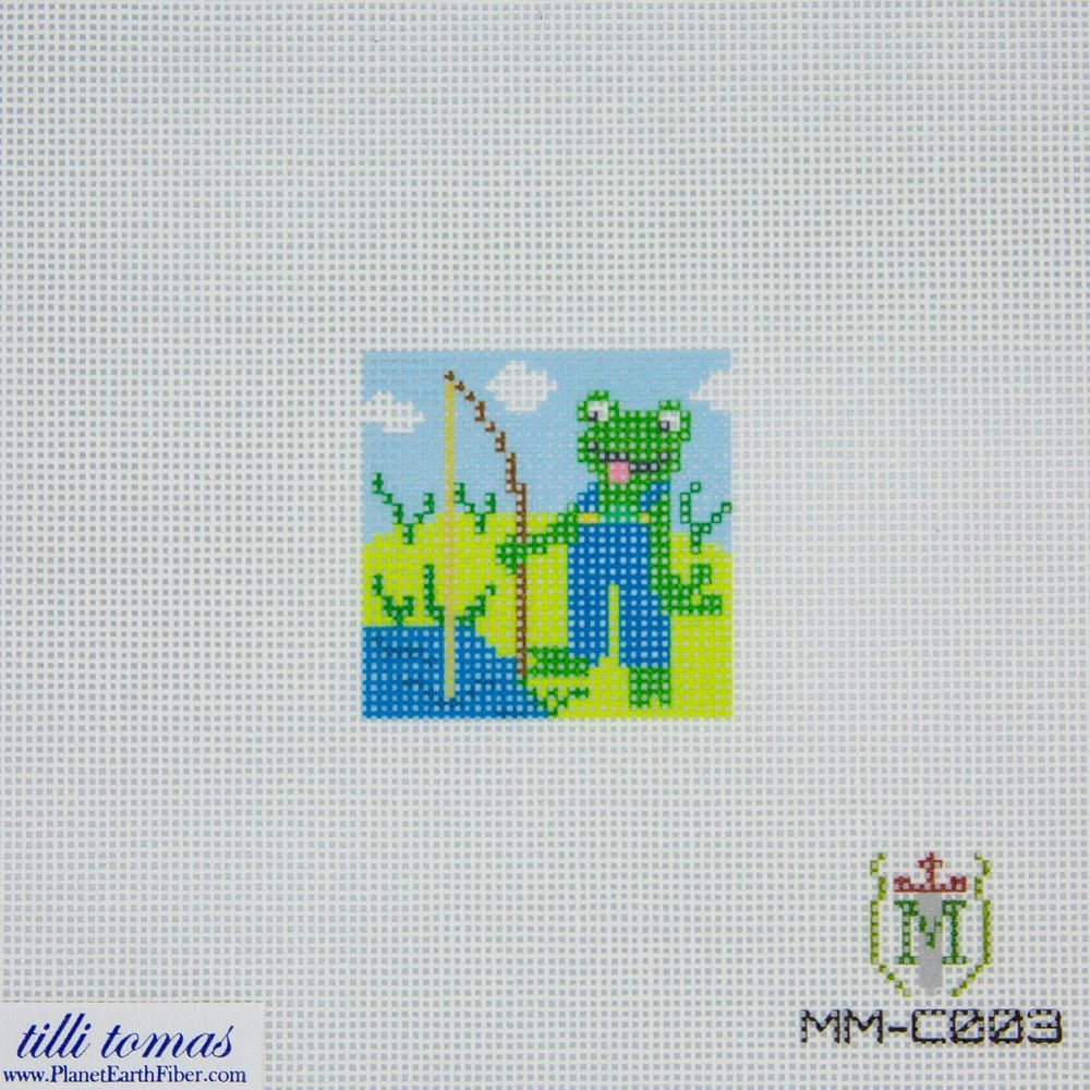 Fishing Frog Needlepoint Canvas – 2"x2", 18 Mesh by Misty Morrow